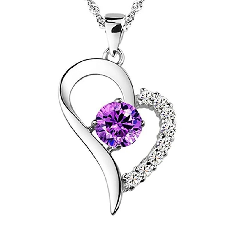 

925 sterling silver jewelry white and purple crystal love pendant necklace women girls party gift CHX0431