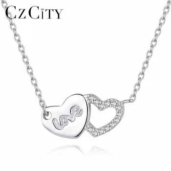 

CZCITY Women Double Heart Tiny Cubic Zirconia Crystal Love Words Pendant Necklace Chain Choker Necklace Jewelry Gift Daily Wear