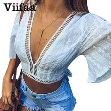 Viifaa 2017 Summer White Shirt Linen Blouses Women Flare Sleeve Embroidery Short Tops Sexy V Neck Backless Crop Top Blouse