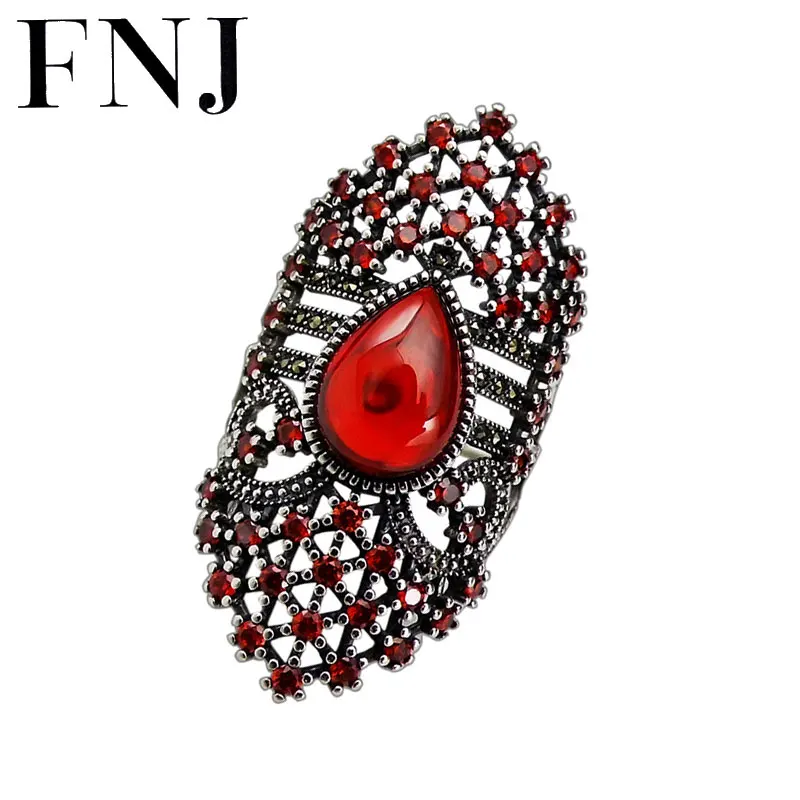 

FNJ 925 Silver Statement Ring Flower New Red Zircon Original S925 Sterling Silver Rings for Women Jewelry Adjustable Size