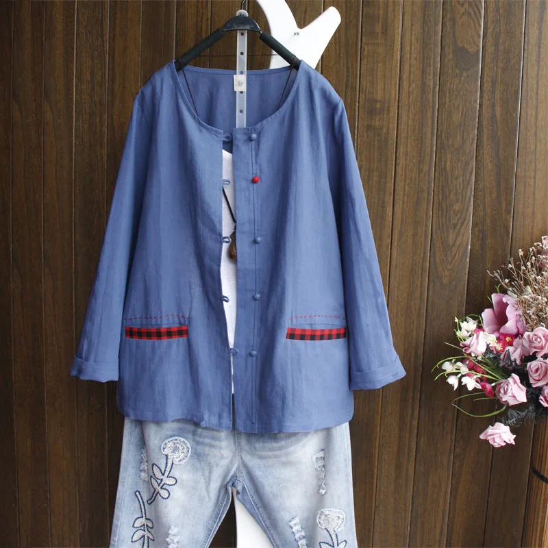 

Vintage Literary Cotton Linen Cardigan Chinese Style Spring Ethnic Long Sleeved Button Top Blouse Women Patchwork Shirts 2019