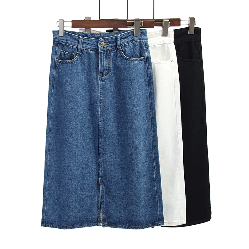 

Autumn solid color high waist denim skirt medium-long placketing a-line high waist skirts womens white black blue faldas saias