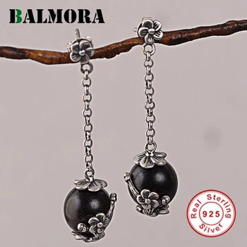 

BALMORA 100% Real 925 Sterling Silver Flower & Sandalwood Beads Stud Earrings for Women Gift Earrings Jewelry Brincos SY31855