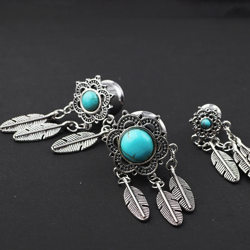JUNLOWPY Piercing Tunnel Stainless Steel Gold Silver Feather Ear Plug Tunnel Filigree Tribal Dreamcatcher Pandent Body Jewelry