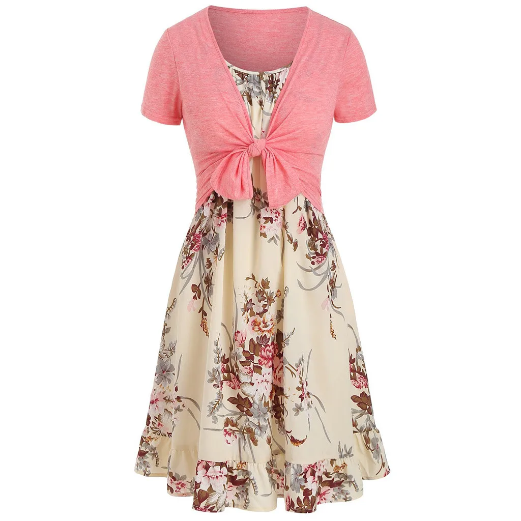

Women Casual Sleeveless Summer Short Dresses Ladies Flower Printed Dress With Crop Shirt Neck Robe Femme #7