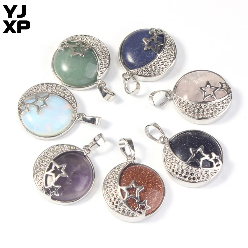

YJXP Silver Plated Moon Star Inlayed Opal Green Aventurine Amethysts Rose Pink Quartzs Blue Sand Stone Pendant Charms Jewelry