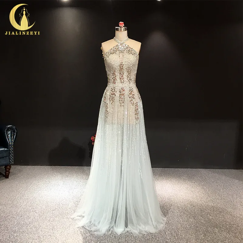 

JIALINZEYI Real Image Light Green Luxurious Hand Beads Crystal Tulle Sexy Back Fashion Party dress Prom evening Dresses