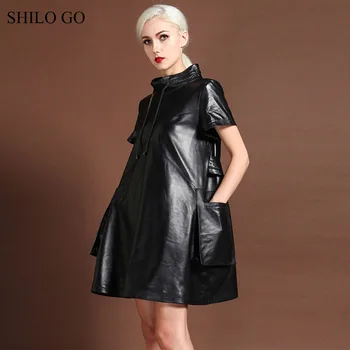 

SHILO GO Leather Dress Womens Spring Fashion sheepskin genuine leather Dress tie turtleneck collar short sleeve A Line dress
