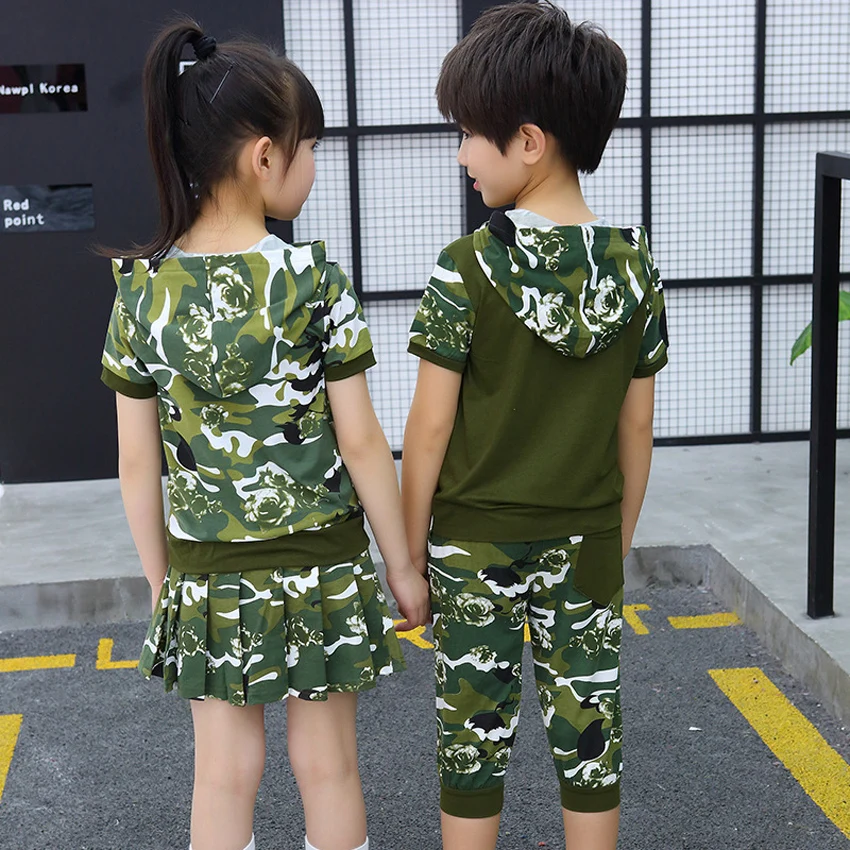 Комплект из 2 предметов; камуфляжная военная форма для мальчиков и девочек; зеленая футболка с капюшоном; комплект с юбкой; армейский костюм; танцевальные костюмы
