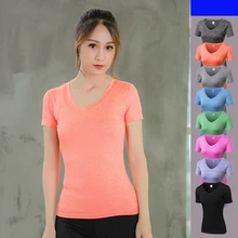 Новая женская облегающая футболка с v-образным вырезом и короткими рукавами для фитнеса, быстросохнущая футболка для бега одежда для йоги однотонные топы, одежда