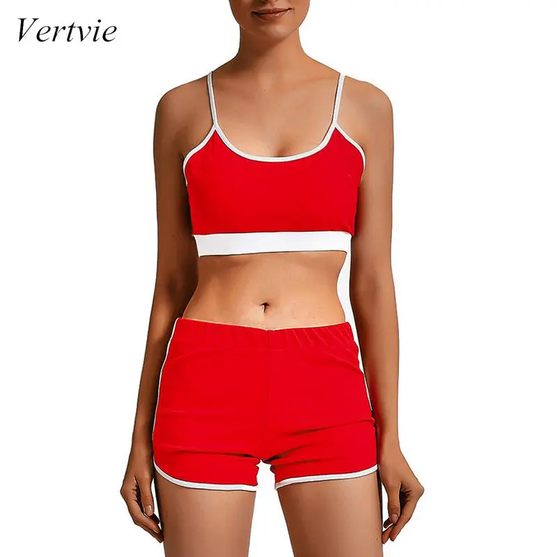 

Vertvie Summer Women Sexy Two Piece Suits Sleeveless Crop Top Shorts Solid Color Yoga Sport Suits Workout Yoga Sportswear