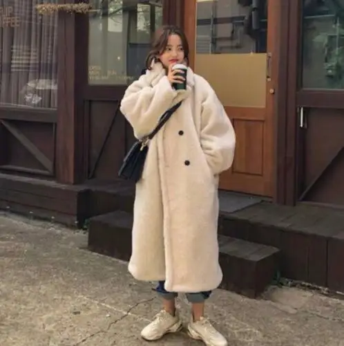 

Womens Winter Loose Long Lapel Collar Faux Fur Thicken Parka Trench Coat J14
