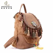 Женский богемный стиль хиппи бохо винтажный рюкзак женская Холщовая Сумка на плечо с кисточкой из меха зимняя сумка этнические сумки ранец