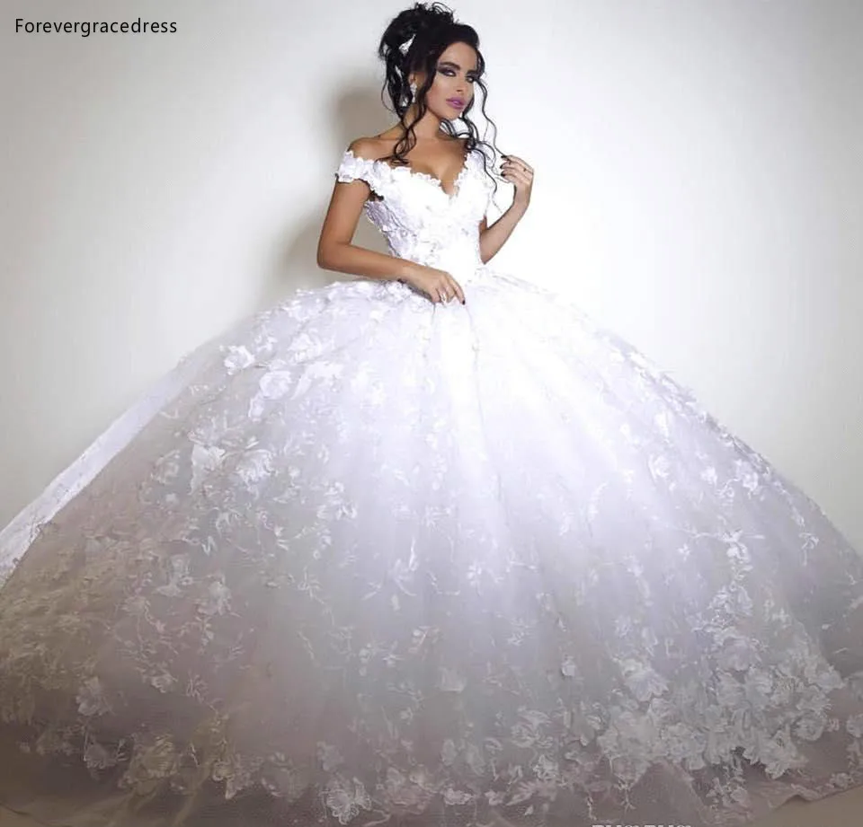 2019 Ball Gown Wedding Dresses Off the Shoulder Floral Lace Appliques Gorgeous Bridal Gowns Arabic Puffy ba3053  239 (2)