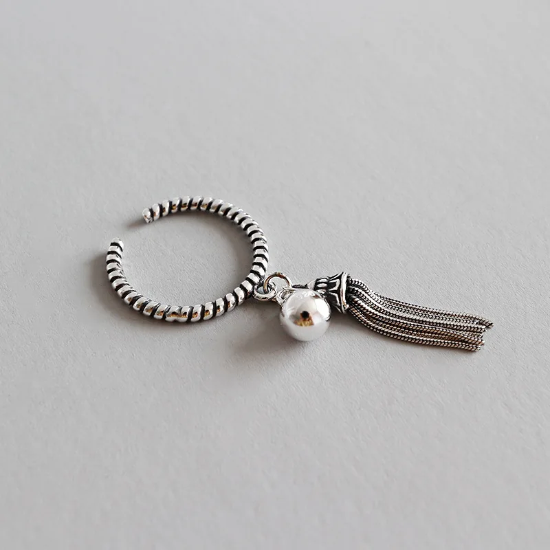 

Retro 100% Authentic 925 Sterling Silver Fine Jewelry Geometric Braid Roped with Lucky polished Ball Tassel Ring Knuckle J66