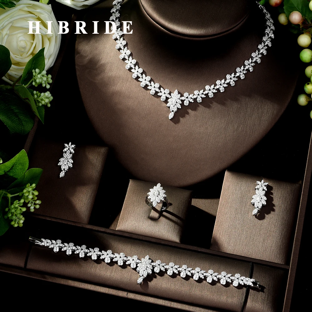 

HIBRIDE Fashion Leaf Wedding Jewelry Sets Charm AAA CZ Women Accessories Necklace Earrings 4pc Set Bridal Jewelry Set N-240