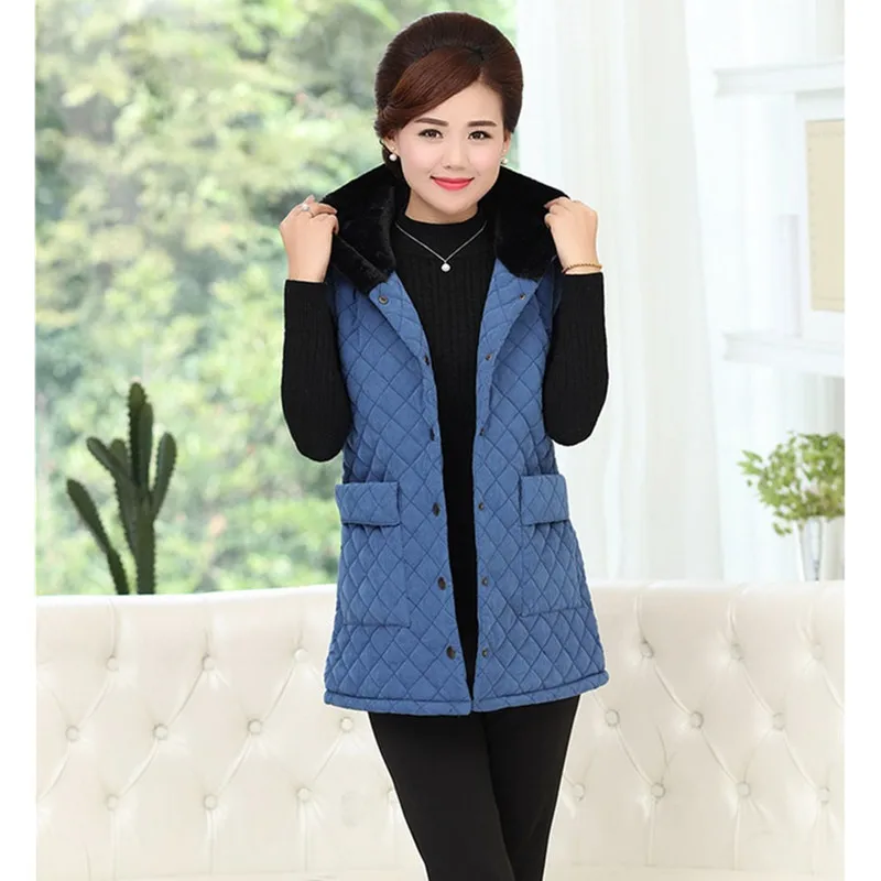 YAGENZ жилет среднего возраста плюс размер женский хлопковый жилет пальто с капюшоном зимняя куртка Женский жилет Теплые Топы модное женское пальто 288 - Цвет: Blue