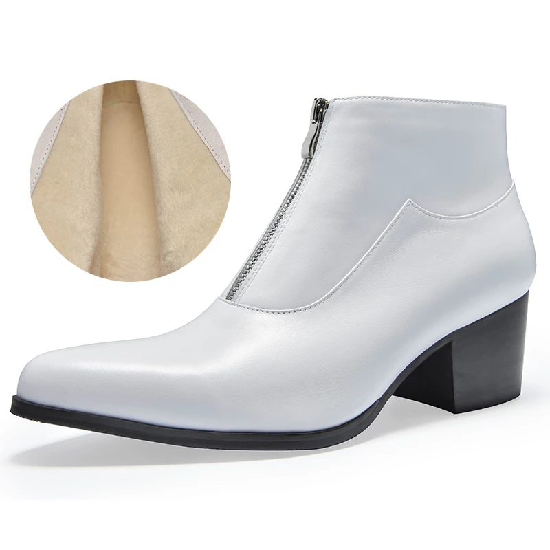 Размер 37-44; мужские ботинки на высоком каблуке из натуральной кожи; мужские зимние белые ботильоны с острым носком; обувь на молнии; обувь на толстом каблуке - Цвет: White fur