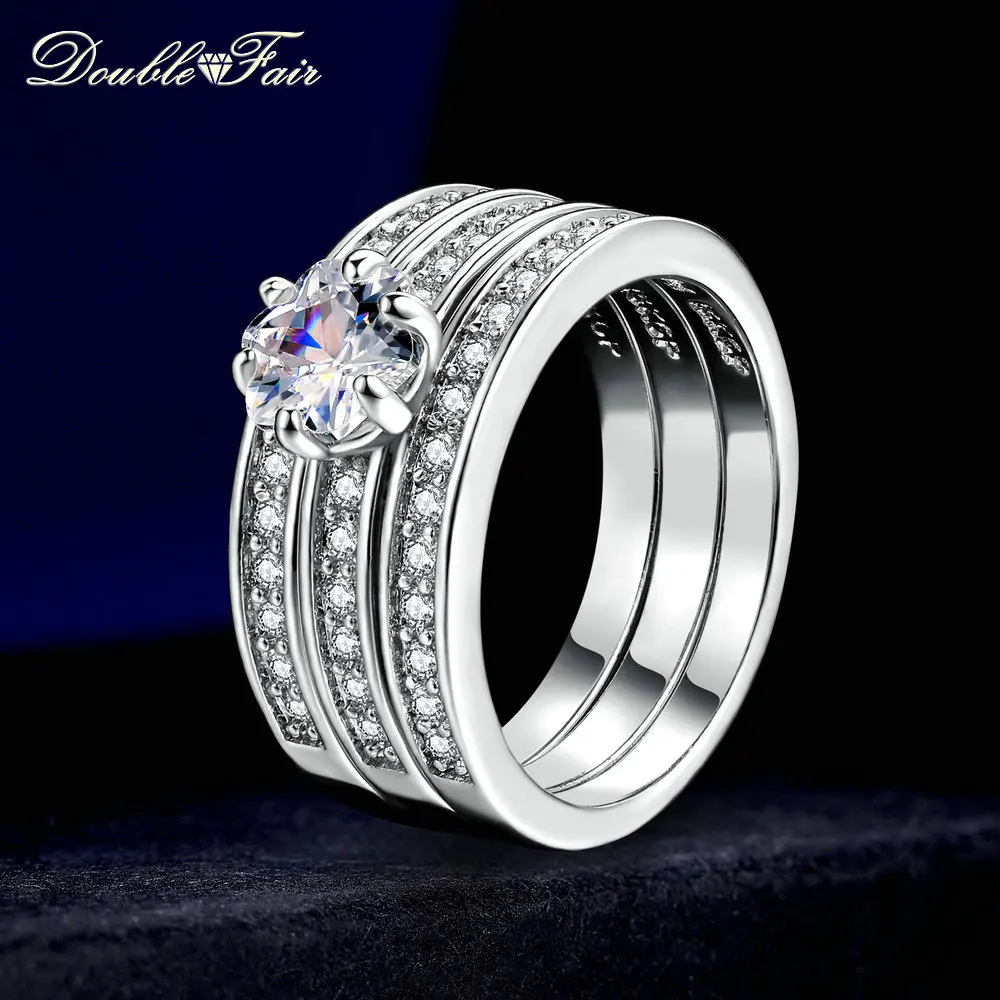 Double Fair Brand Flower Bridal 3 Rings Set For Women Cubic Zirconia Stone Fashion Party Jewelry Wholesale&Drop Shipping DFR060