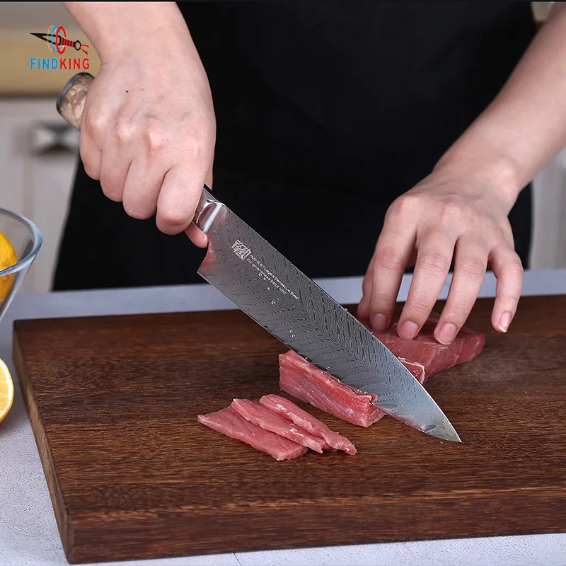 FINDKING New AUS-10 damascus steel Sapele wood handle arrow pattern damascus knife 8 inch chef knife 67 layers kitchen knives FINDKING New AUS-10 damascus steel Sapele wood handle arrow pattern damascus knife 8 inch chef knife 67 layers kitchen knives