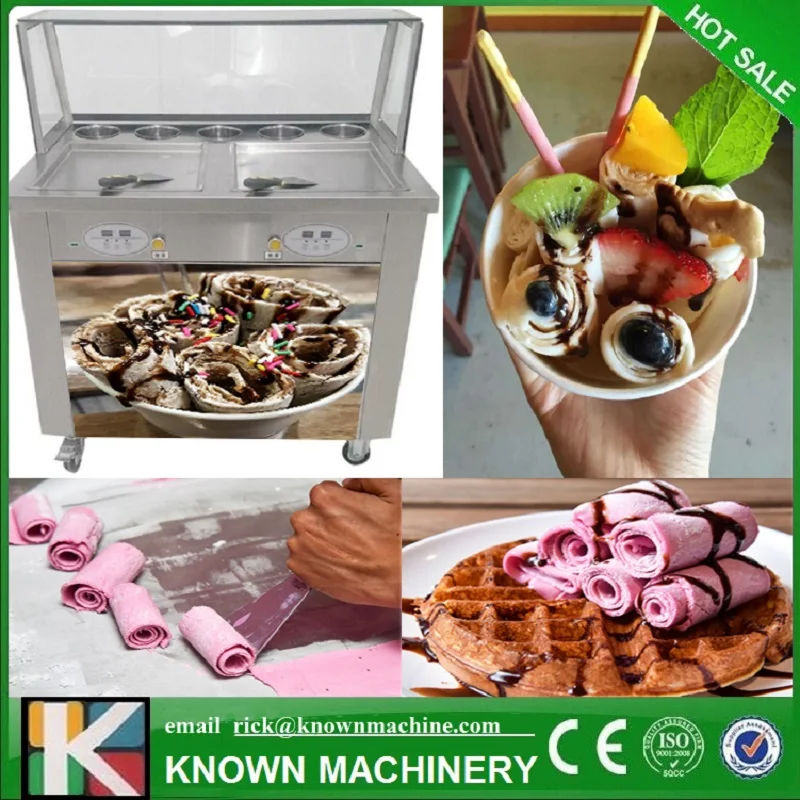 The CE certified 2 square ice pans and 5 topping tanks of ice cream roll machine