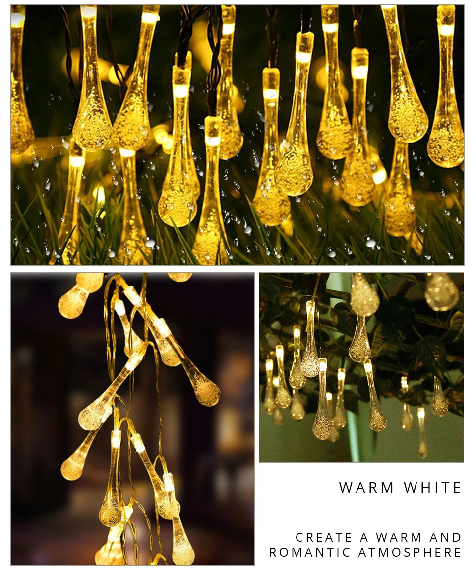 Christmas LED String Lights Solar Garland Water Drop Outdoor Waterproof Fairy Lights (10)