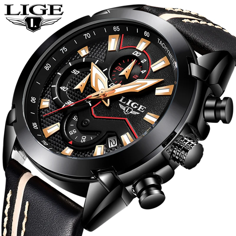 

LIGE Top Brand Luxury Waterproof Fashion Watch Men Casual Sports Quartz Watch Men's Leather Military Watches Relogio Masculino