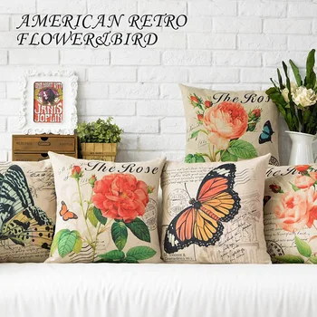 

Retro Rose Decorative Cushions Vintage Flowers and Butterfly Linen Cotton Pillow Decorative Throw Pillows Sofa cushions