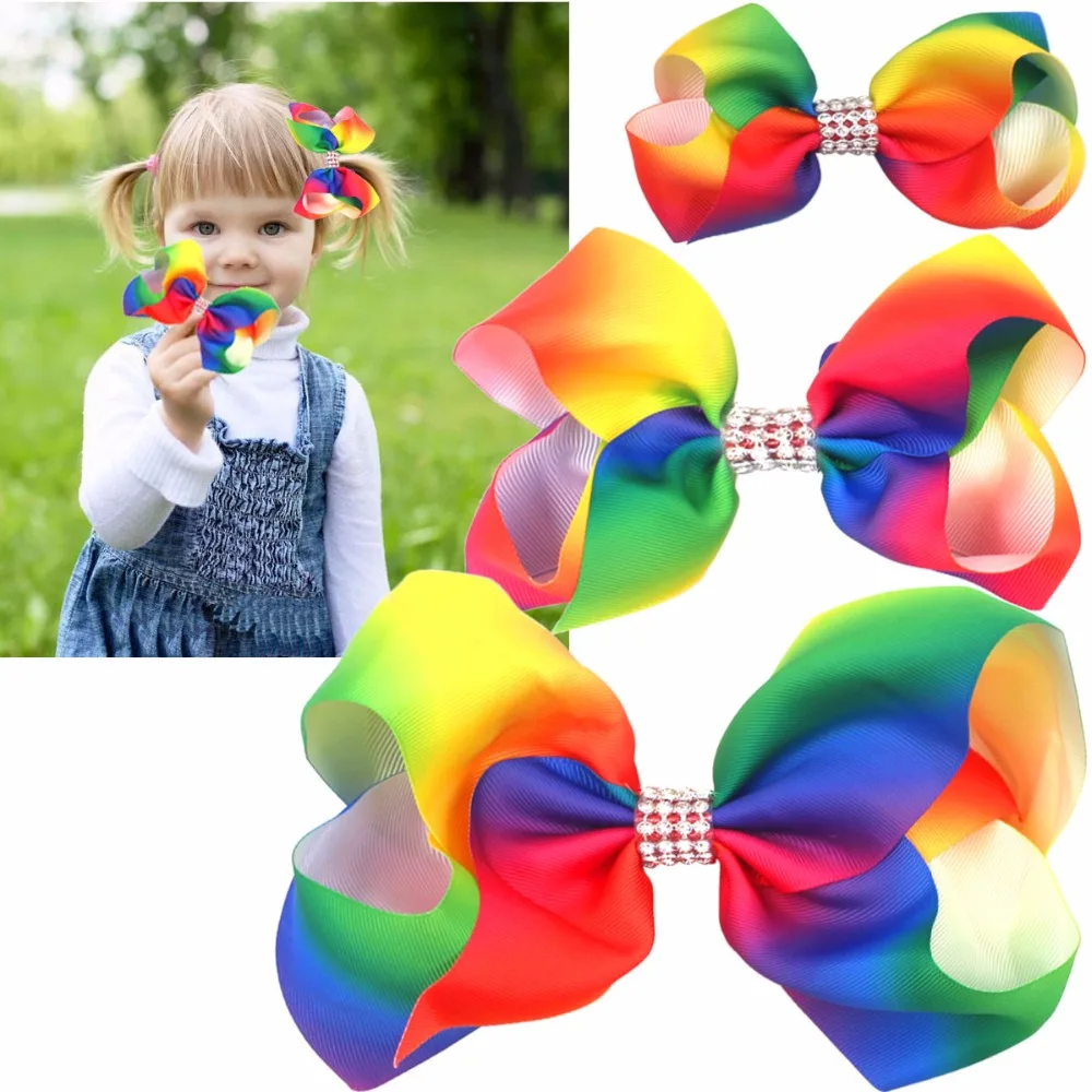 Boutique Handmade Sparkly Rhinestones Rainbow Hair Bows Clips ,Metal