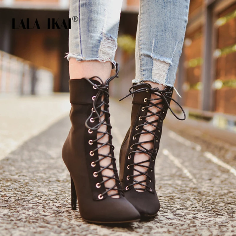 

LALA IKAI Autumn Boots Woman Flock Lace-Up Ankle Boots Autumn Pointed Toe High Heel Fashion Winter Shoes 014N1445-45