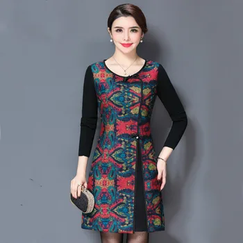 

High Quality Free Shipping Sping Autumn Women Fashion Long Sleeve Retro Dress Plus Size Dresses Mid Aged Women Clothing Mother