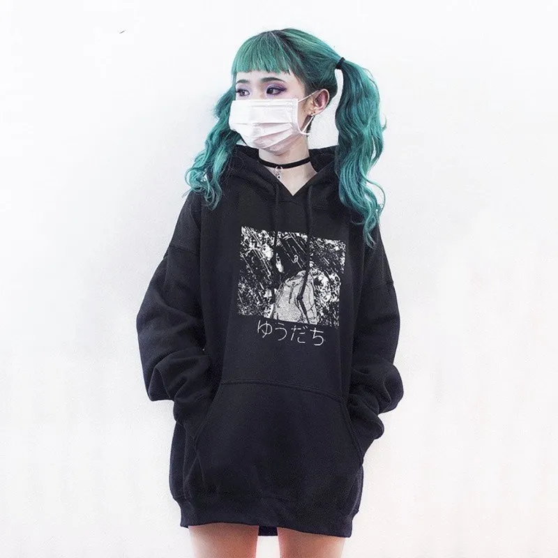 

Women Style Winter Black Hoodies Long Sleeve Japanese Manga Comics Print Sweatshirt Anime Pattern Loose Hoodies
