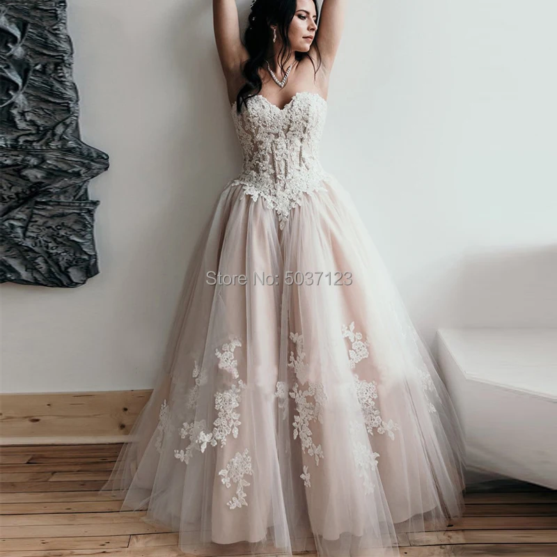 

A Line Wedding Dresses 2019 Appliques Lace Tulle Sleeveless Lace Up Wedding Bridal Gown White Ivory Vestido De Noiva Custom Made