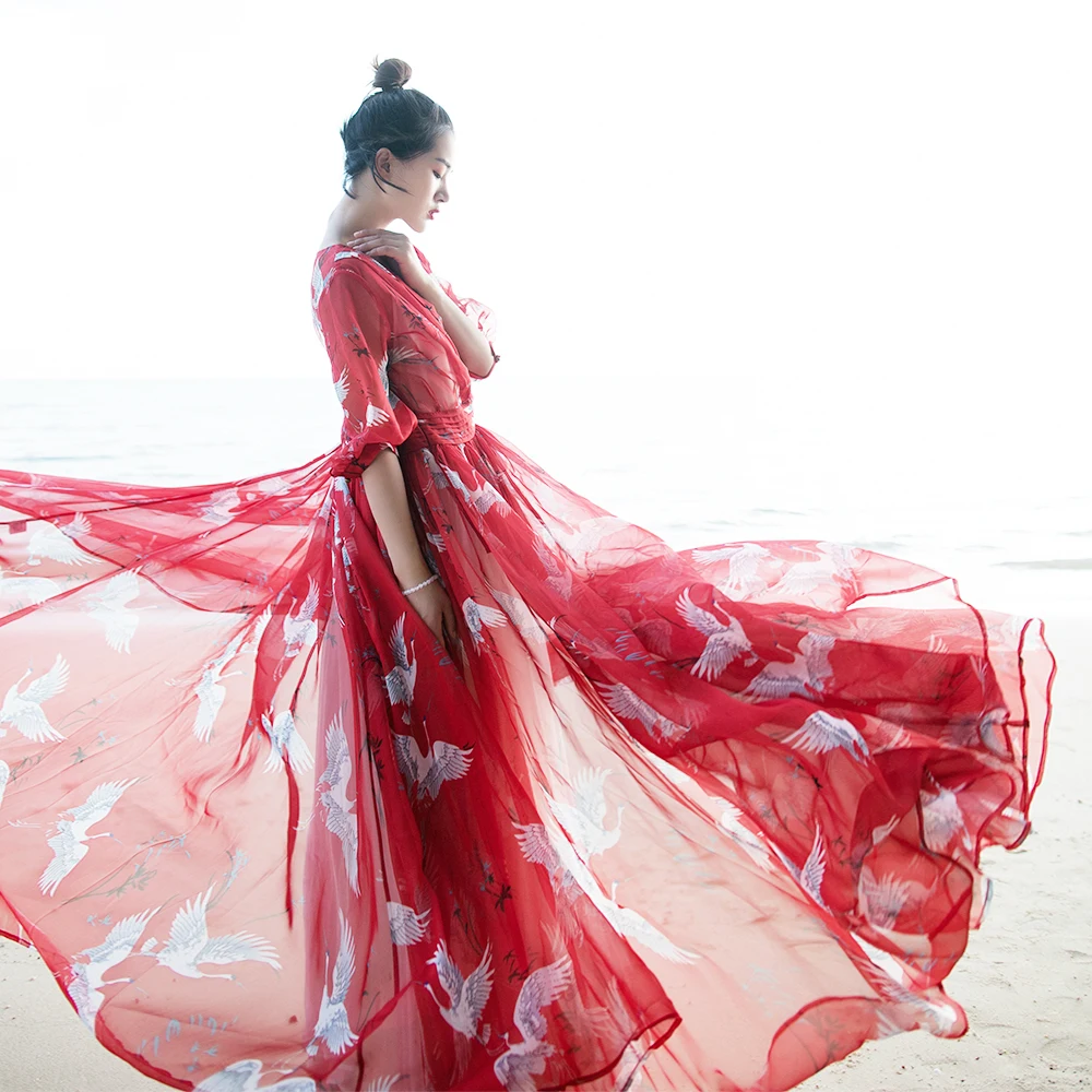 

MM144 New Arrival Spring Summer 2017 vintage see through pleated half sleeve a line long maxi beach casual crane print dress red
