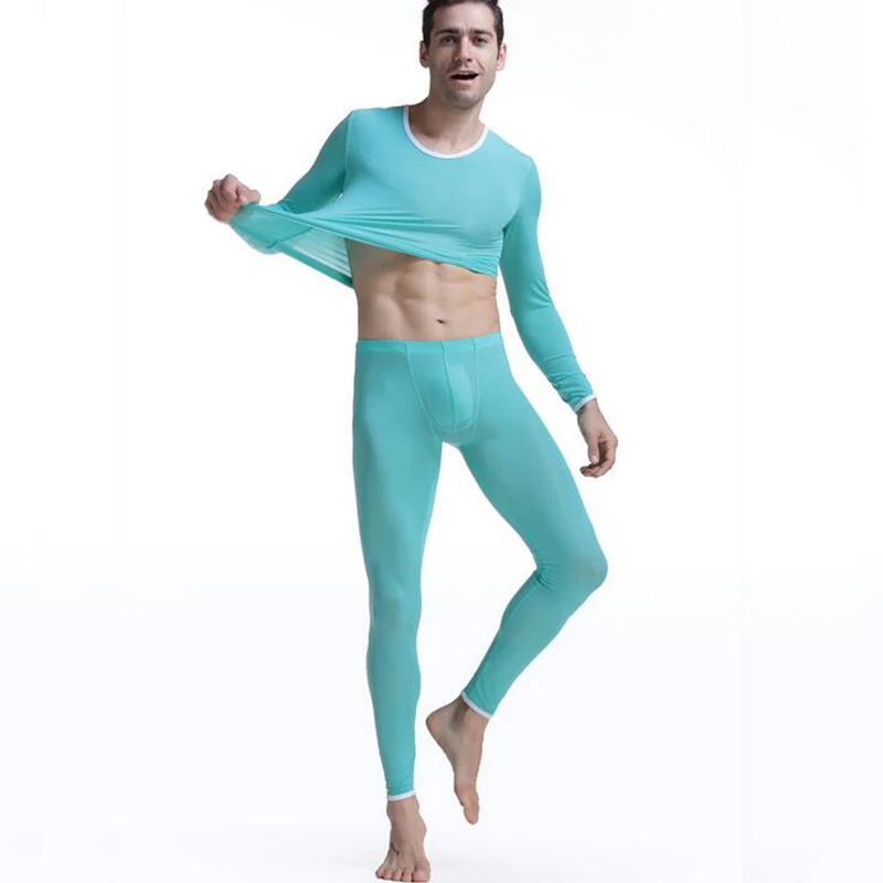 KWAN.Z Men's Thermal underwear suit elastic ultra-thin long johns thermo Underwear silk translucent Pajamas mens top leggings