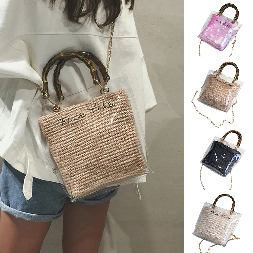 

Woman Shoulder Bag Trendy Clear Jelly Ladies Bamboo Weave Handbags For Party sac transparent femme bags for women 2019