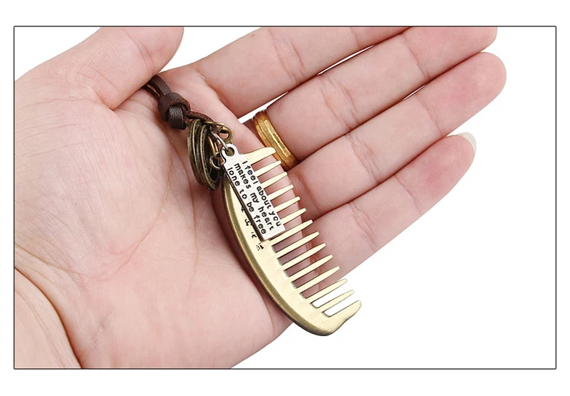 NIUYITID Men`s Necklace & Pendants Adjustable Retro Small Comb Jewelry Necklaces For Women Brown Leather Vintage Girl`s Gift  (1)