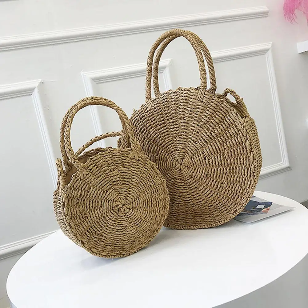 

Mini Round Crossbody Shoulder handbags 2019 Straw Beach Bag for women leather Vintage Handmade Braided woven woman summer bag