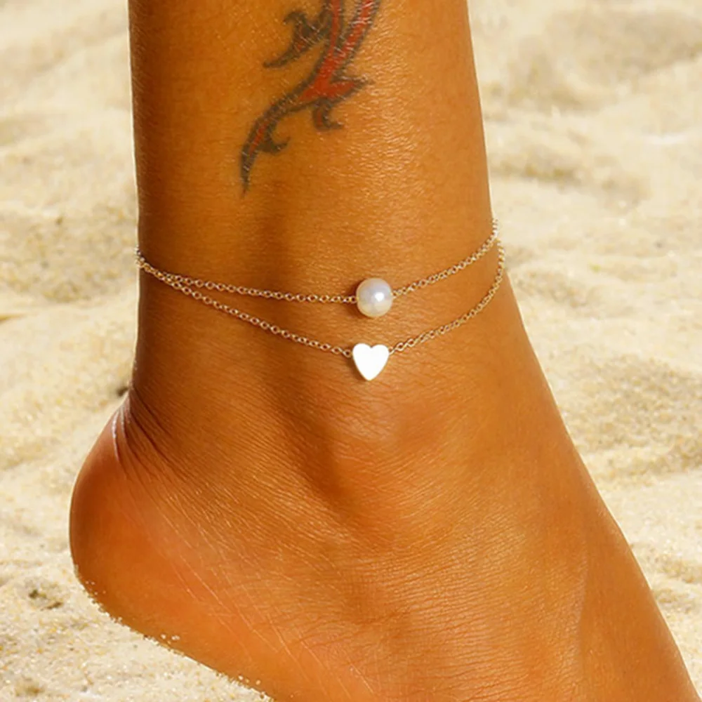 

Simple Heart Female Anklets Summer Beach Barefoot Sandals Foot Jewelry Fashion Pearl Layered Leg Chain Ankle Braclets for Women