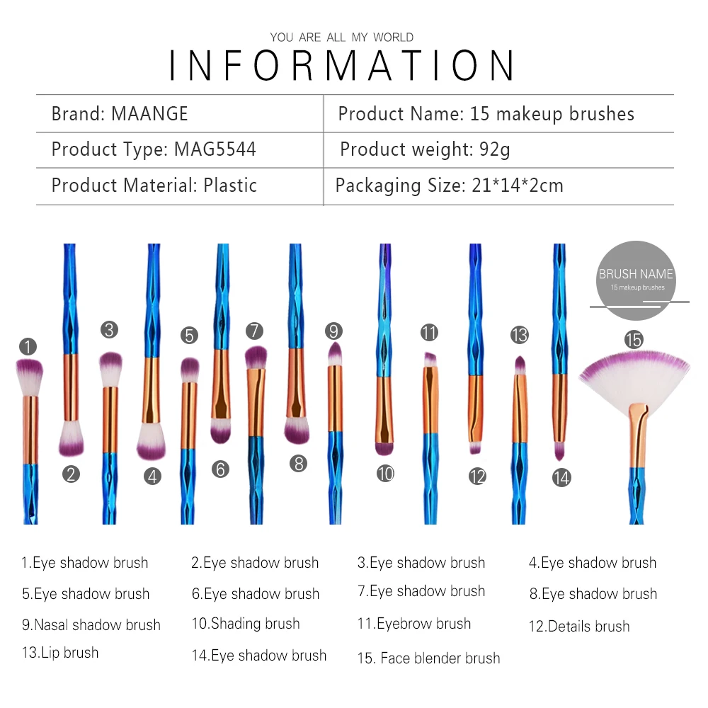 Нейлоновые кисти для макияжа 15 шт. кисти для макияжа Тени для век Пудра подводка для глаз ресницы brochas maquillaje набор косметических принадлежностей
