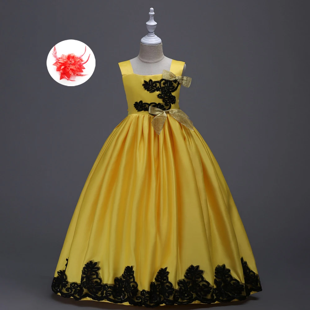 

Children's Pageant Satin Black and Yellow Green Red Blue Formal Kids Flower Girl Ball Gown Prom Dresses for Girl Elegant Dresses