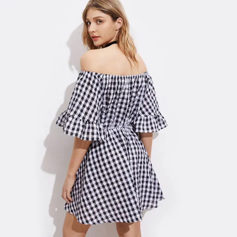 Casual Slash Neck Plaid Mini Dresses Women Sexy Flare Sleeve Embroidery A-line Loose Dress Summer Ladies Elegant Fashion Dress Casual Slash Neck Plaid Mini Dresses Women Sexy Flare Sleeve Embroidery A-line Loose Dress Summer Ladies Elegant Fashion Dress