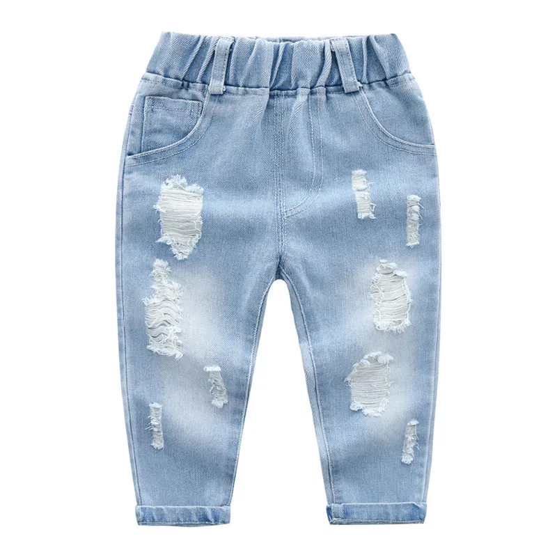 Новинка года; джинсы для мальчиков; сезон весна-осень модные детские брюки классические брюки синего цвета с потертостями и большими дырками под любую одежду светильник