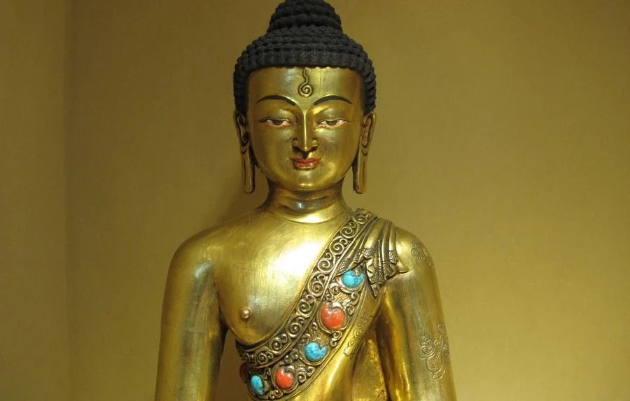 1" Тибет Фиолетовый Бронзовый 24 К Золото и Бирюза Будда Шакьямуни Непал Статуя