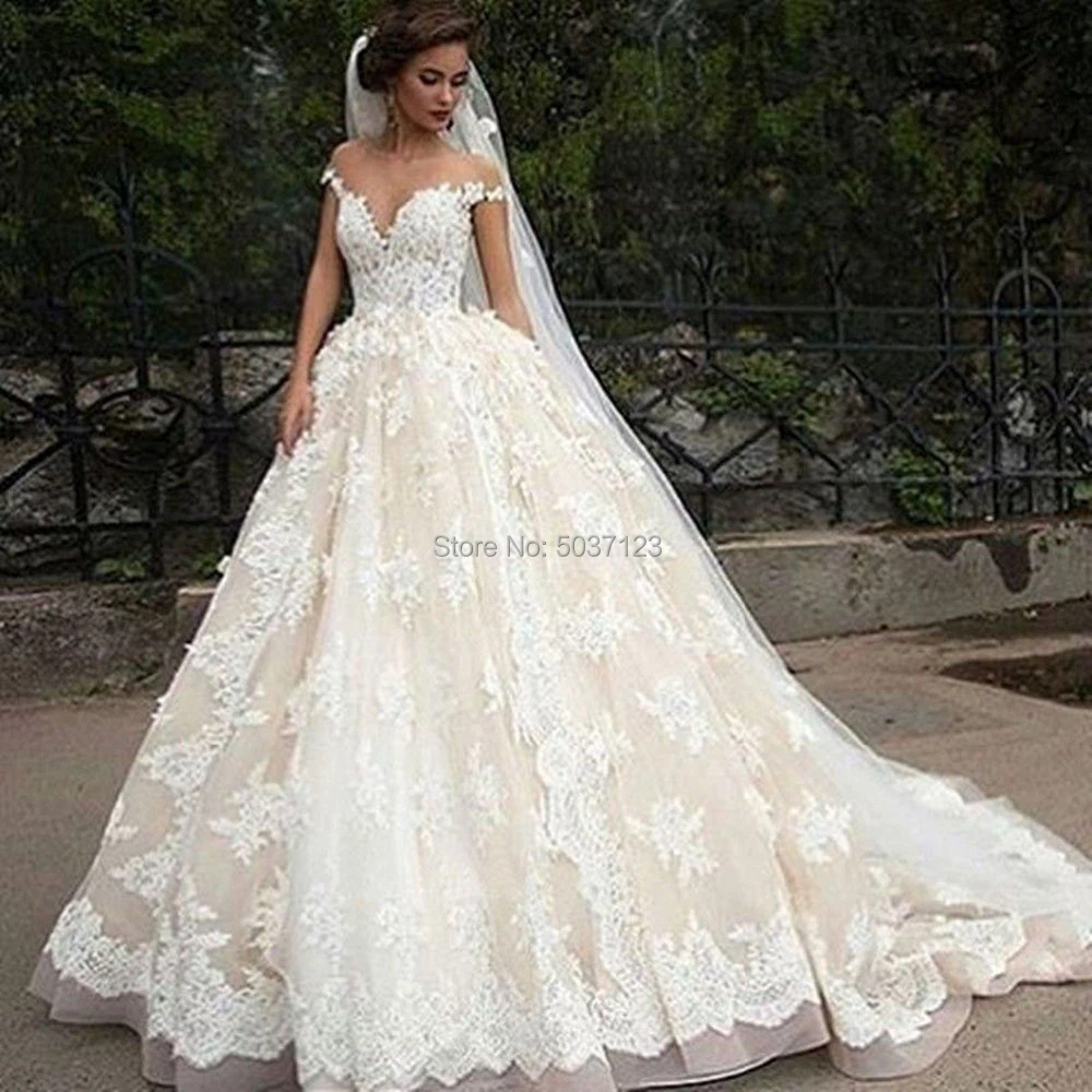 Champagne Wedding Dresses Short Sleeves Zipper 2019 Vintage Ivory Lace Appliques Off The Shoulder Backless Wedding Gowns Wedding Dresses Aliexpress
