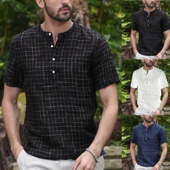 

2019 Men Vintage Splicing Button Linen Solid Short Sleeve Retro Shirts Tops Blouse hawaiian camisa masculina camisas hombre
