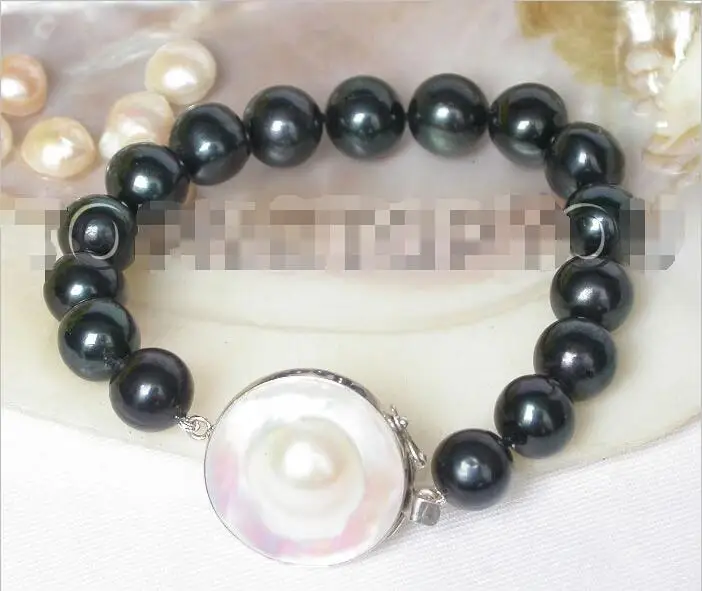 

Free shipping hot sale Women Bridal Wedding Jewelry >>WOW 12mm round black freshwater pearls bracelet Mabe pearls 925ss silver