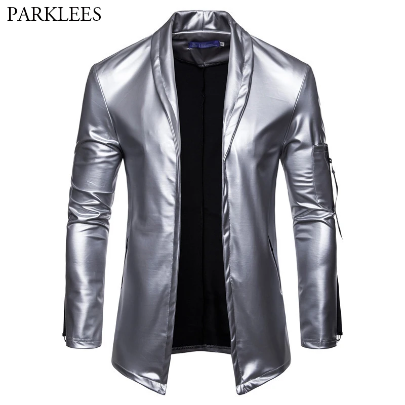 

Shiny Sliver Nightclub Cardigan Blazer Men Tin Man Costume 2019 Brand New PU Leather Blazer Jacket Mens Party Stage DJ Clothers