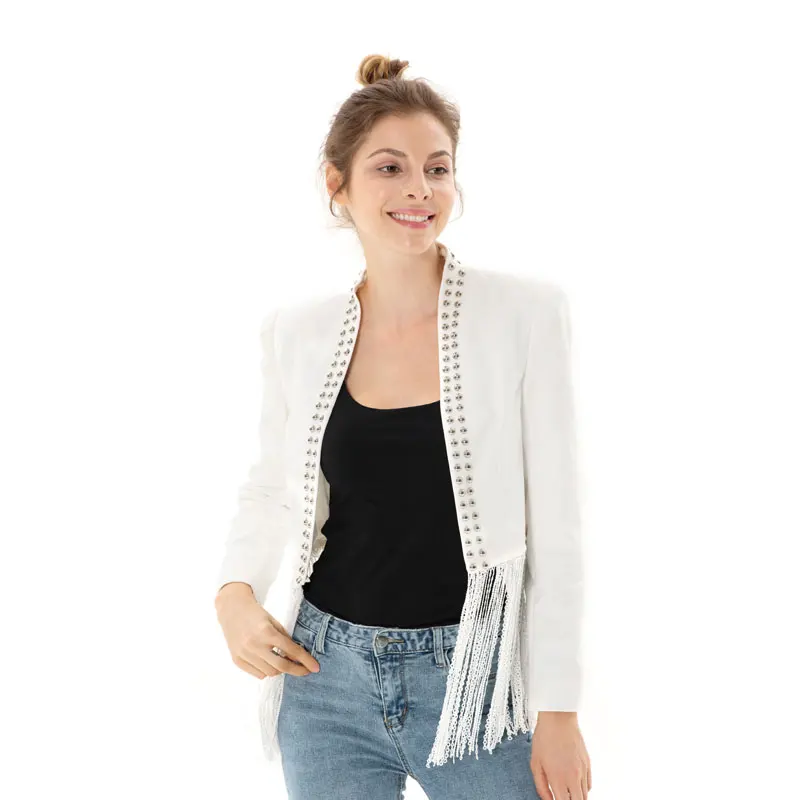 Apperloth Streetwear Jacket Women Short Overcoat Ladies Jackets Tops with Tassel Stand Collar Long Sleeve White Top Open Stitch Coats