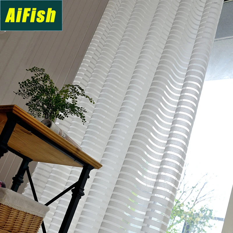 

Modern Style Stripes Sheer Curtain Panels for Living Room Solid Window Curtain Tulle Draperies for Bedroom French Door wp135&2